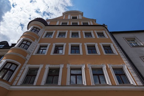 Historic town house with round bay window, Regensburg, Upper Palatinate, Bavaria, Germany, Europe
