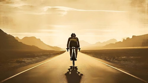 Abstract vintage grungy poster of a lonely triathlete riding his bicycle on an wide landscape, AI