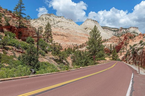 Patterns of erosion on the rocky mountainside along the Zion Park Boulevard in Zion National Park,