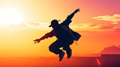 Illustration of a breakdancer silhouette in calm harmony bathed in the breathtaking palette of a