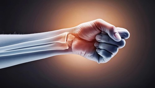 A clenched fist, shown in an X-ray image with visible bones in the wrist, AI generated, AI