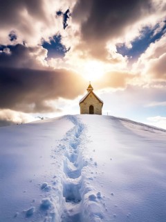 Footprints in fresh snow on a hill to a small chapel backlit in winter, AI generated, AI generated