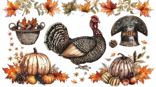 A turkey in a fall setting with pumpkins, leaves, a basket, and a pilgrim hat, AI generated