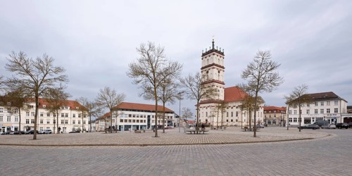 Panorama of the market square with town church, Neustrelitz, Mecklenburg-Vorpommern, Germany,