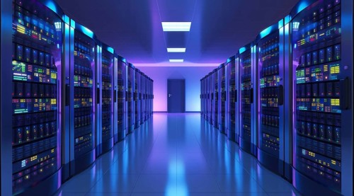Cloud services concept and server farm supporting cloud applications for enterprise clients, AI