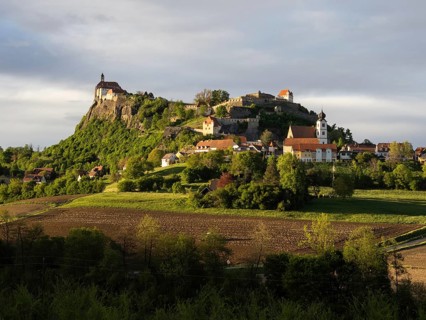Farmland, Riegersburg Castle in the background, near Riegersburg, Styria, Austria, Europe