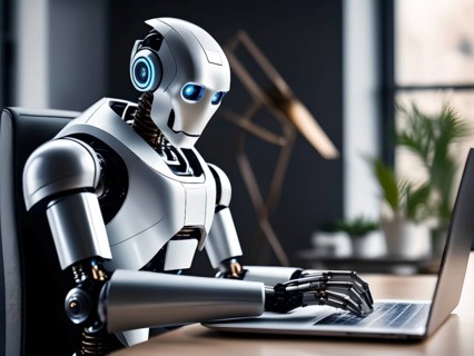 Android, robot writing on a laptop in the home office, symbolic image artificial intelligence