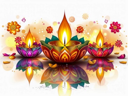 Three oil lamps with flowers and reflections in a colorful, festive atmosphere, AI generated