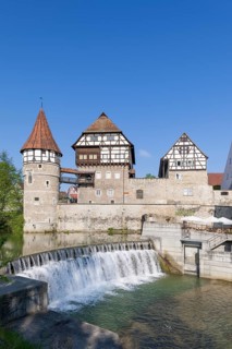 Zollernschloss Balingen on the Eyach, weir, barrage, Balingen, Baden-Wuerttemberg, Germany, Europe