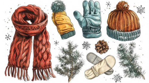 Winter accessories including scarves, gloves, beanies, with pine branches and pinecones, creating a