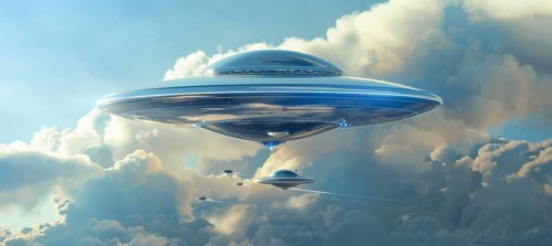 A large, glowing, alien shaped UFO saucer object is flying. UAP, Unexplained Aerial Phenomena, AI