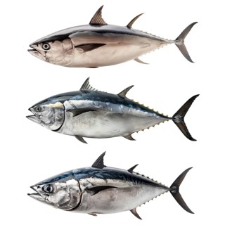 Three isolated images of Tuna fish with transparent background. AI generated