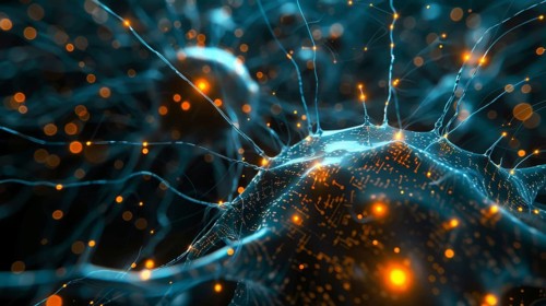 Abstract sci-fi image of glowing blue and orange neurons and synapses forming a luminous network,