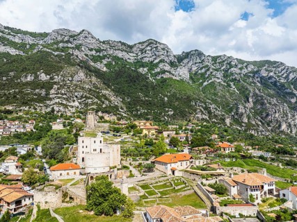 Kruje and Mount Kruje from a drone, Ishem River, Albania, Europe