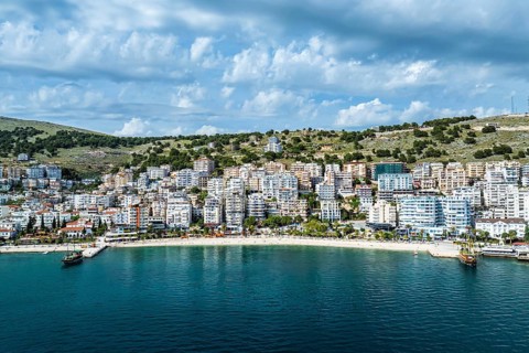 Saranda from a drone, Albanian Riviera, Albania, Europe