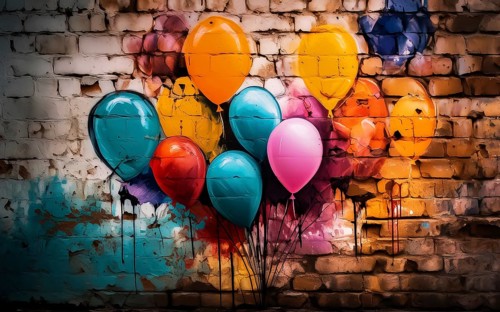 Graffiti art, colourful balloons sprayed on a brick wall, AI generated, AIgenerated, AI generated
