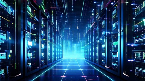 Server racks aligned in rows within a cloud computing data center background and data streams