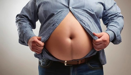 Overweight, A man pulls up his shirt to show his round fat belly, AI generated, AI generated