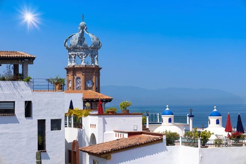 Mexico, panoramic view of Puerto Vallarta near sea promenade Malecon, beaches and historic center,