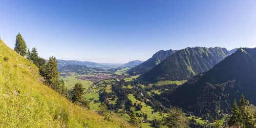 Panorama from Himmelschrofen, 1790m, into the Illertal and Oberstdorf, Allgaeu Alps, Allgaeu,