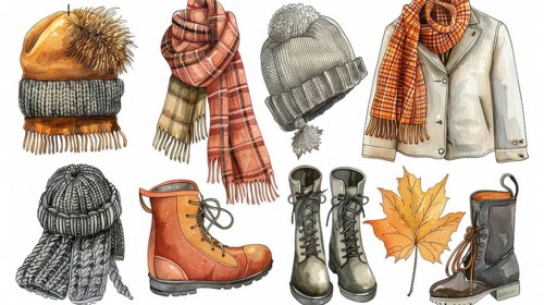 Winter clothing illustrated with hats, scarves, and boots alongside autumn leaves in earthy and