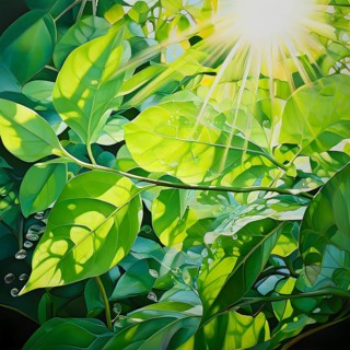 Abstract digital painting embodying sustainability with intertwining leaves glisten with water