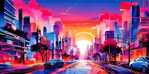 Urban cityscape collage featuring a mosaic of vibrant colors, AI generated