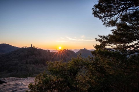 View of Trifels Castle, from Engels Landing rock, with the young tower in autumn at sunset.