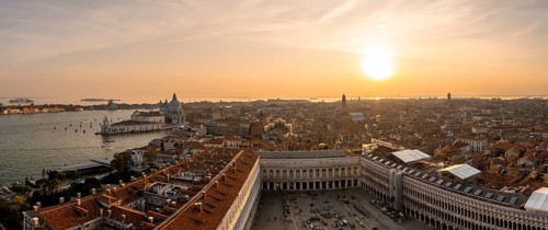 Panorama, St Mark's Square and Basilica di Santa Maria della Salute on the Grand Canal at sunset,