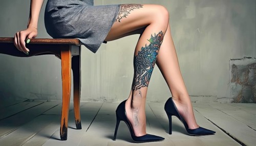 Woman sitting on a table, showing tattoos on her legs and wearing a grey dress and black