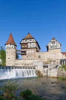 Zollernschloss Balingen on the Eyach, weir, barrage, Balingen, Baden-Wuerttemberg, Germany, Europe