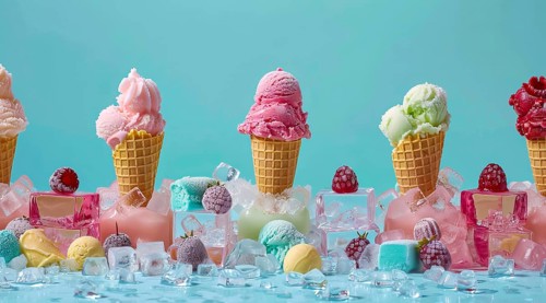 A row of ice cream cones with different flavors, AI generated