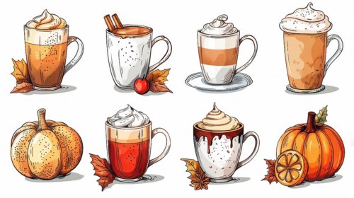 Illustration of several coffee cups with autumn themes including pumpkins and leaves, AI generated