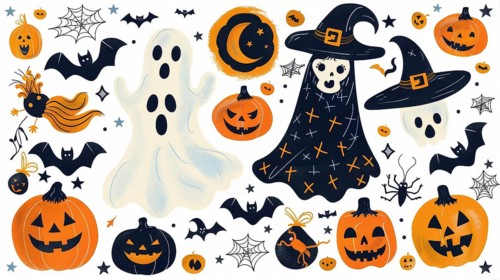 Colorful Halloween illustrations featuring pumpkins, ghosts, bats, witches, moon, stars, and