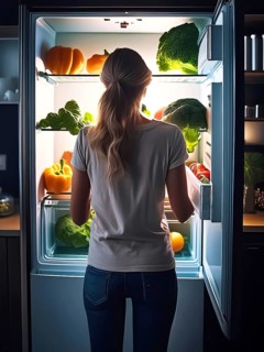 A young woman stands in front of the open fridge with lots of vegetables in it, healthy eating, AI