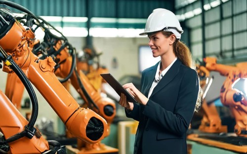 Industrial engineer with tablet control, automation of robotic arms, intelligent monitoring, AI