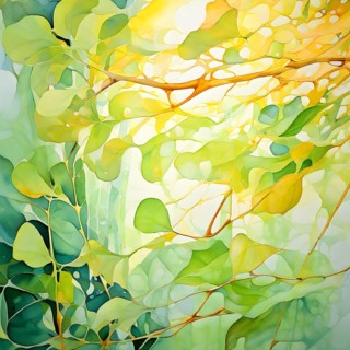 Abstract digital painting embodying sustainability with intertwining leaves glisten with water