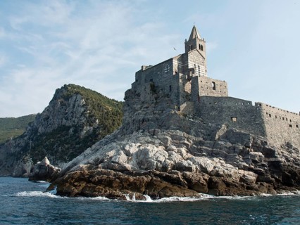 Medieval castle on a cliff, with sea and sky in the background, Bari, Italy, Europe