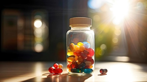 Glass bottle filled with assorted colored painkiller pills, AI generated