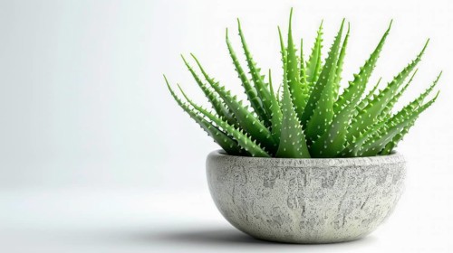 Aloe vera plant in a concrete pot with a white background, presenting a minimalist and modern style