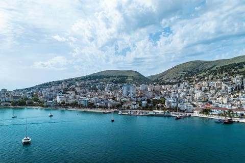 Saranda from a drone, Albanian Riviera, Albania, Europe