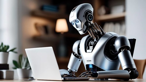 Android, robot writing on a laptop in the home office, symbolic image artificial intelligence