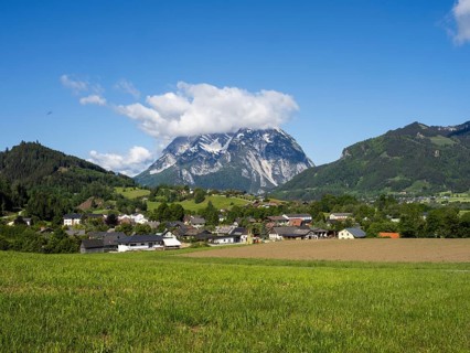 Meadow and farmland, behind the Grimming, near Aigen im Ennstal, Styria, Austria, Europe