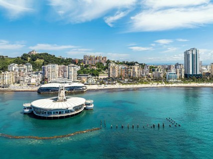 Pier and Promenade in Durres from a drone, Adriatic Sea, Albania, Europe