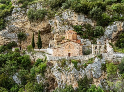 St . Michael's Church, Byzantine church in Berat from a drone, Osum River, Albania, Europe