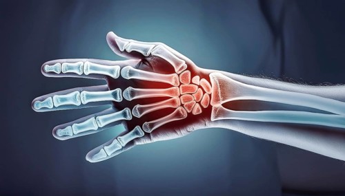 An outstretched hand, shown in the X-ray image with bone areas highlighted in red, AI generated, AI