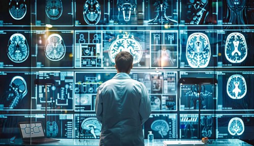 Concept of neural science, brain computer AI interface, scan, brain neurology and neural network,