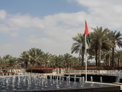 A fountain surrounded by palm trees under a slightly cloudy sky with a waving flag in the
