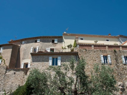 Stone buildings with windows and trees in the foreground under a blue sky, historic stone houses