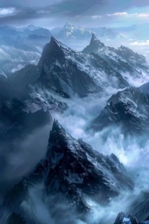 Snow-dusted mountains with jagged peaks climbing through mist and clouds, conveying a cold,